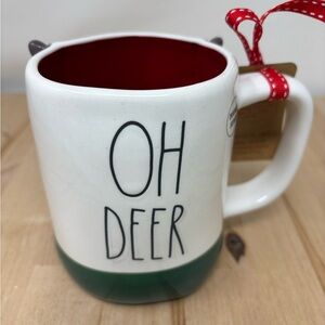 Rae Dunn Christmas OH DEER Mug White Double Sided Red Interior Green Bottom New